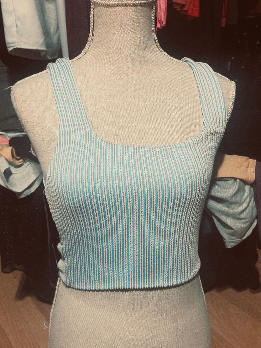 Striped Square-Neck Ribbed Crop Tank - Light Blue/White